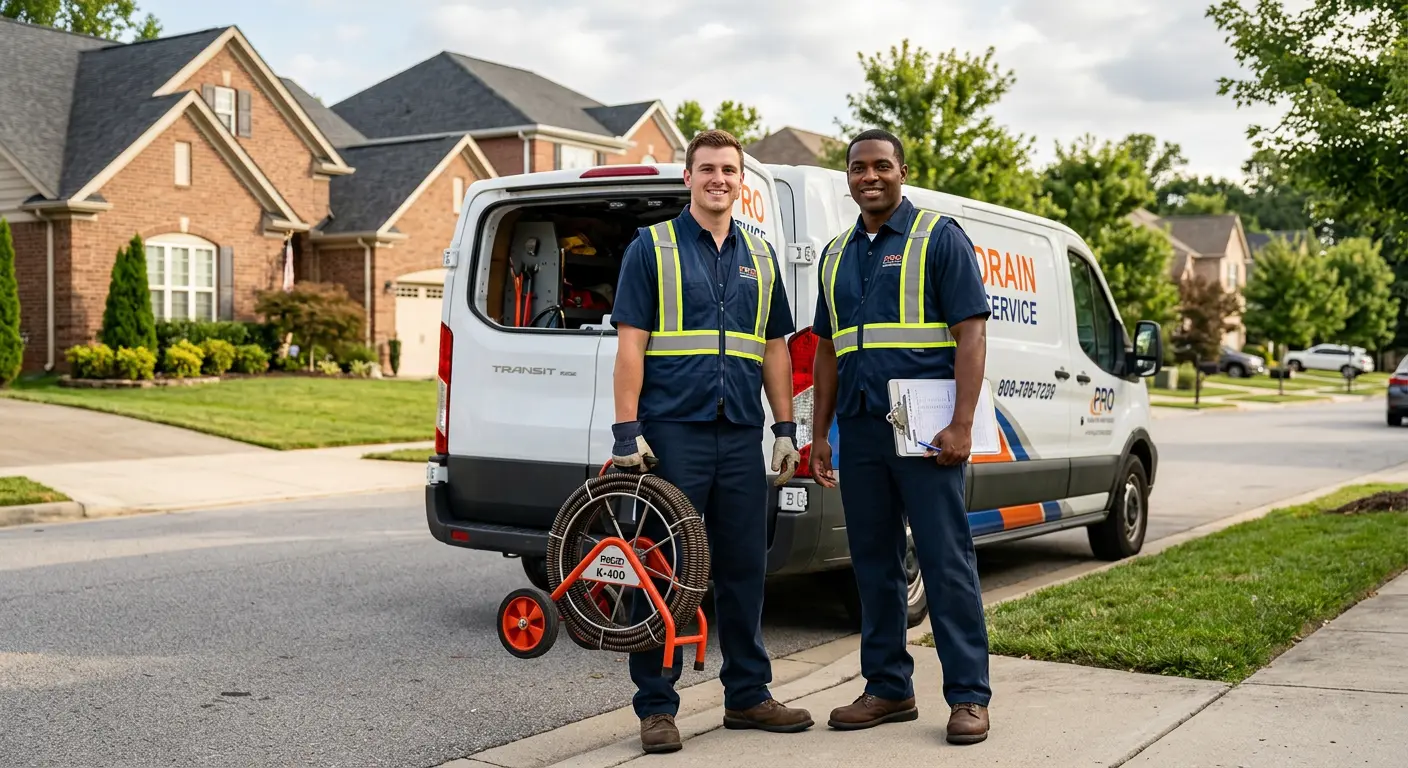 Sewer and drain service team with equipment ready for work in Vestal
