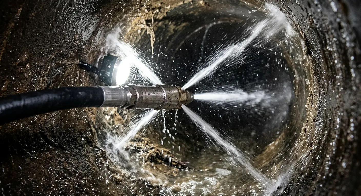 High-pressure hydro jetting nozzle cleaning sewer pipe for Emergency Drain Service in Vestal