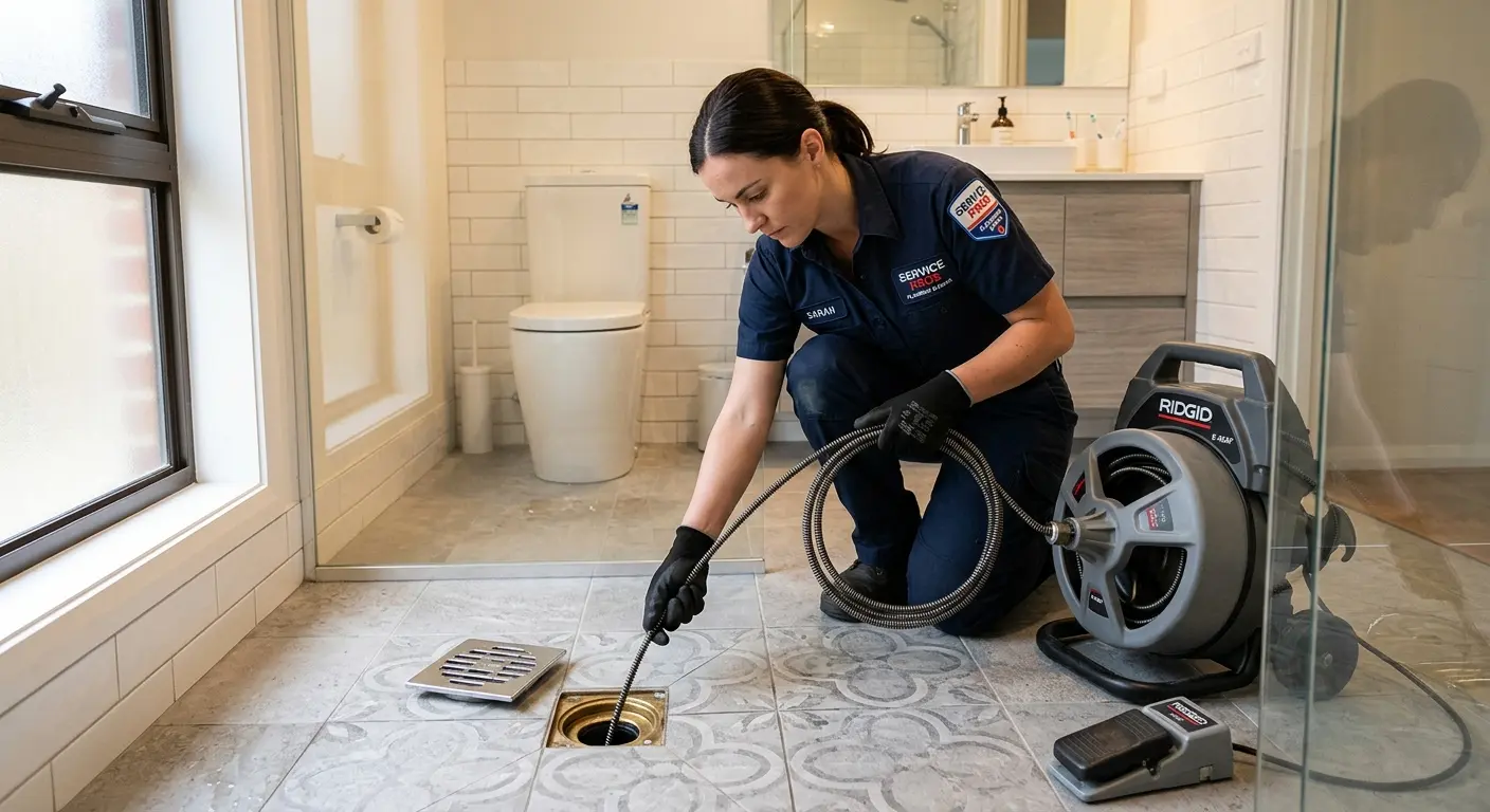 Technician clearing a bathroom floor drain for Clogged Drain Repair in Vestal